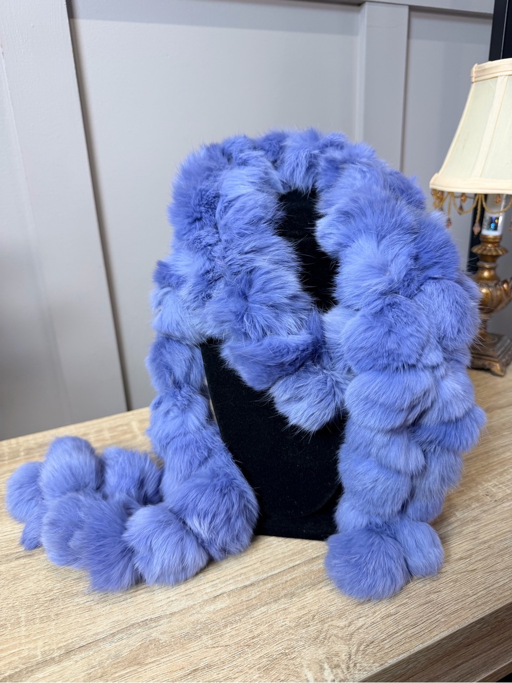 Lavender 100% Real Rabbit Fur Pom Poms Scarf/ Cape/ Wrap Violet Shawl Neck Wraps